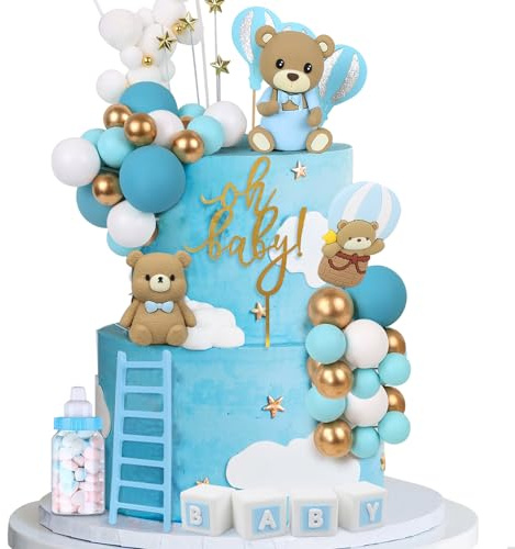 Acmee 44 PCS Bear Cake Toppers - Mini 3D Bear BABY Letters Milk Bottle Blue Gold Foam Balls Cake Toppers for Boy Girl Birthday Party Baby Shower Cake Decorations