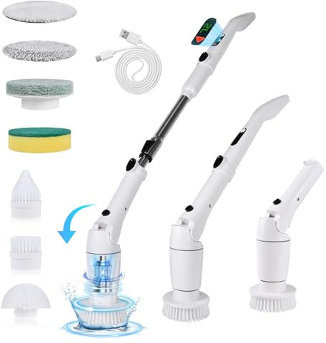 Cepillo Eléctrico Limpieza, Fregadora Giratoria Sin Cable, 2 Velocidades, 8 Cabezas de Cepillo Reemplazables, Mango Ajustable de 64-119cm, Batería 2000mAh, Pantalla LED, para Cocina Baño Suelo Hogar