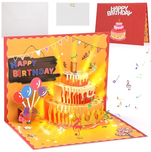 GeeRic Birthday Cards, Light and Music Birthday Cake Happy Birthday Card, 3D Pop Up Gift Greeting Card with Envelope and Note Tag for Women, Men, Kids, Wife, Mom, Husband