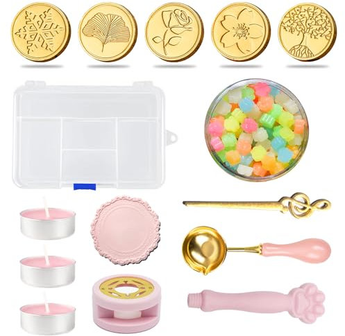 Siegelwachs Set, Wachsstempel Set, Siegelstempel-Set für Briefe, mit 300 Siegelwachsperlen & 3 Teelichtern & 5 Siegelstempel & 1 Schmelzlöffel, Wachssiegel Stempel, Siegelwachswärmer, Butyeak