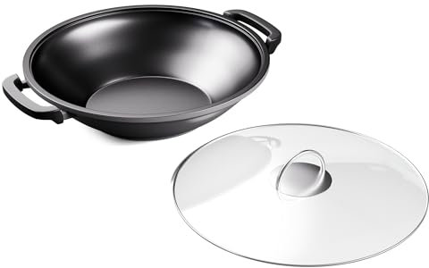 ToCi Wok Antiaderente, Wok Professionale Rivestito di Smalto, Padella Wok Antiaderente con Coperchio e Manici, Padella Wok Induzione per Piani a Induzione, Ceramica, Gas, Fornelli e Forno Elettrici