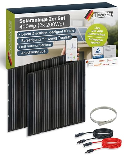 SCHWAIGER Balkonkraftwerk Slim‑Line 2er Set mit 400 Wp Glas Solarpanels I 2x 200 Wp monokristalline, ultraflache & leichte Solarmodule I inkl. Anschlusskabel & Zubehör I Plug & Play Solaranlage