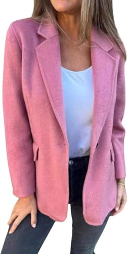 Chaqueta Blazer de Color sólido Suave y cálida para Mujer Chaqueta Informal de Oficina de Negocios Corta con Solapa abatible y Botones con Bolsillos para otoño e Invierno (Rosa,L)