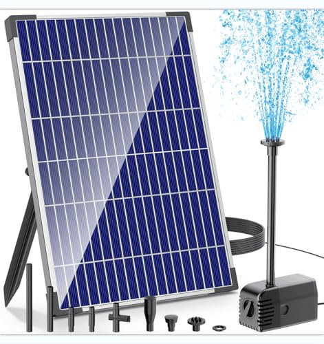 Biling Bomba solar para estanque con filtro, 12 W, 605 L/H, fuente solar para exterior con manguera de agua de 2 m y cable de 5 m, válvula de control de flujo de agua, 4 boquillas, juego de agua para