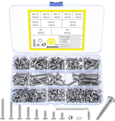279 Pcs Set de Tornillos M5 y Tuercas con Arandelas de Acero Inox, Cabeza Hueca Hexagonal Allen Redonda (M5)
