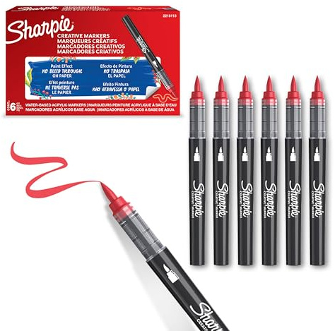 Sharpie Creative Marker Acrylic Paint Pens | Brush Tip Water-Based Paint Markers | Red | No-Bleed Ink Writes on Most Surfaces | Crafting & Art Supplies | 6 Count