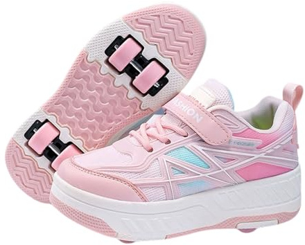 Surwin Zapatillas con Ruedas Niña, Zapatos de Niños con Ruedas 2 en 1 Zapatillas de Skateboard Zapatos de Skate Hebilla de Nailon Roller Skate Shoes Sneakers, Regalo de Cumpleaños (Rosa,37)