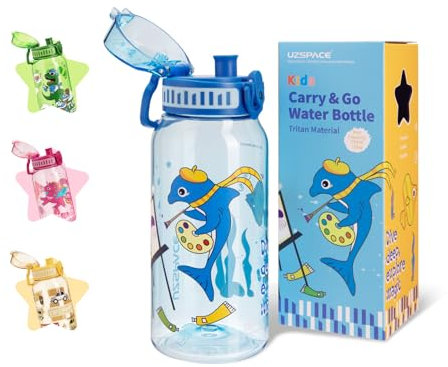 UZSPACE Trinkflasche Kinder auslaufsicher Wasserflasche, 600ml Sport Flasche, Tritan BPA-frei Sportflasche mit Einhandbedienung, Jungen Mädchen für Schule Outdoor Fitness kindergarten, blau Delfin