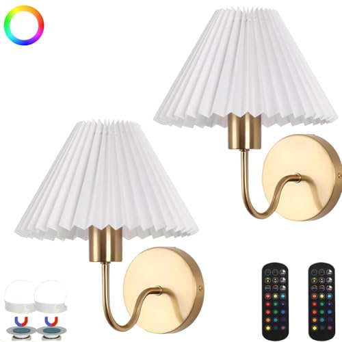 LOGT 2 St LED Uppladdningsbar Vägglampa Inomhus Guld Sladdlös Tygskärm Vägglampa med Fjärrkontroll RGB Dimbara Vägglampor Utan Strömanslutning Batteri Uppladdningsbar Sänglampa Plisserad Skärm