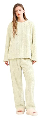 Power Flower Conjunto de Pijama de Forro Polar Esponjoso para Mujer – Suéter y Pantalones Holgados de Felpa, Pijama Cómodo de 2 Piezas para el Invierno (S-M, LY222-Green)