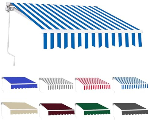 Toldo manual retráctil para patio, parasol impermeable con manivela de mano, protección UV, toldo para exteriores, patio, balcón, restaurante, azul y blanco, 400 x 250 cm