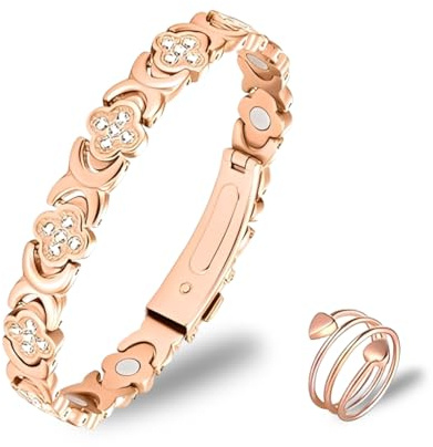 XPEX 2 PCS Bracciale magnetico da donna e anelli magnetici, in rame per donna al puro rame,Oro rosa.