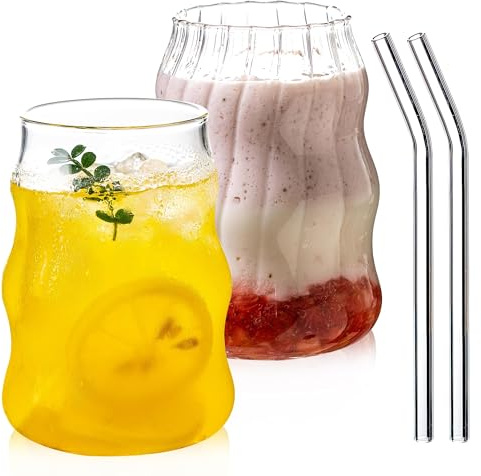 Xygobla 2 Pcs Ribbed Glass Cups Set with Straws 530ML Vintage Drinking Glassware Ripple Cocktail Glasses for Iced Coffee Soda Tea Juice Beverage Milk