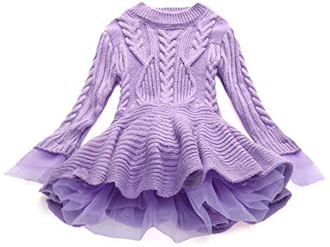 Con maglione per bambini all'uncinetto, maglione invernale per bambini, abito da uomo e gonna, Lilla, 4-5 Anni