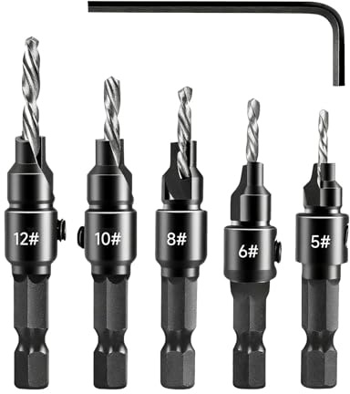 6Pcs Countersink Drill Bit Set, 5Pcs Adjustable 1/4 Hex Shank Countersink Bits with Hex Wrench for Wood, Plastic & Composite Panels