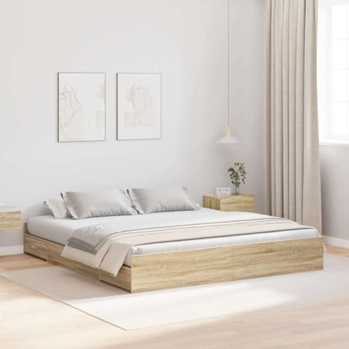 Ziaphsol Aufbewahrungsbettgestell Sonoma-Eiche 180x200cm, Modernes Doppelbett mit Schubladen, Robustes Kiefernholz, Elegantes Kopfteil, Schlafzimmer Möbel