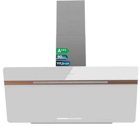 Cecotec Cappa Aspirante Decorativa 90 cm Bolero Flux DT 907500 Matt White A+++. Portata 717,2 m³/h, Funzione Booster, Vetro Opaco/Lucido, Dettagli Rame, Filtri Alluminio, Classe A+++