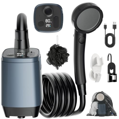 Buudala Doccia da Campeggio con Display Digital,6000mAh Doccia Ricaricabile Portatile,IPX7,4 modalità di Doccia e Un Tubo da 2M,Viaggi, Escursioni, Campeggio, Docce all'aperto, Animali Domestici