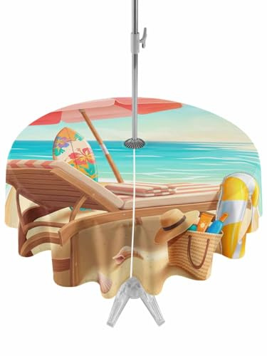 Welcome Summer Beach Round Outdoor Table Cloth with Umbrella Hole Zipper, Coastal Watercolor Ocean Sky Palm Trees Lounger Waterproof Dining Tablecloth for Patio Garden Party Picnic Camping, 54