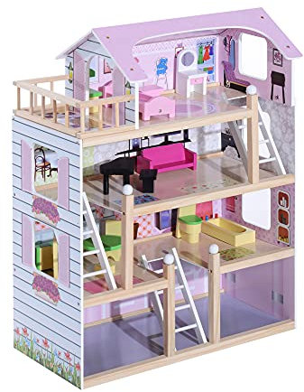 HOMCOM Maison de poupée en Bois Jeu d'imitation 4 Étages pour 3+ Ans avec 13 Accessoires Grand réalisme Multi-équipement 60L x 30l x 80H cm Blanc et Rose