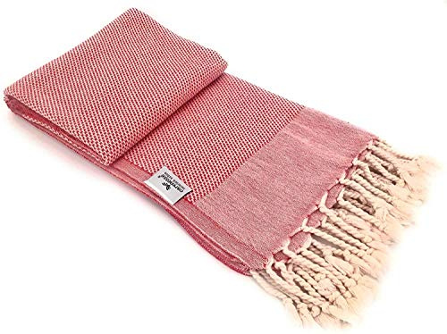 Carenesse Serviette de hammam FAVO Rouge Beige 90 x 170 cm 100% Coton Motif pépita des Deux côtés avec des Franges nouées, écharpe Tissu Plafond Serviette de Plage Couverture Tissue Bien-être