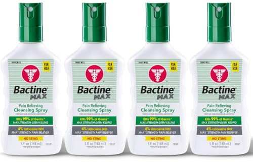 Bactine MAX First Aid Spray - Pain Relief Cleansing Spray with 4% Lidocaine - Numbing Lidocaine Kills 99% of Germs - Pain + Itch Relief for Minor Cuts & Scrapes, Burns & Bug Bites - 5oz, 4 Pack