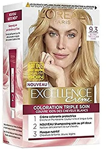 L'ORÉAL PARIS - Colorazione permanente per capelli tripla cura - copre 100% dei capelli bianchi - crema eccellente - sfumatura: biondo molto chiaro dorato (9.3)