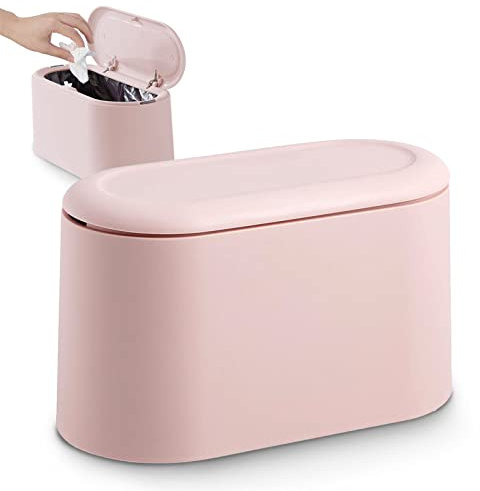 JEEZAO Tischmülleimer mit Aufpoppen Deckel, Mini Plastik Tisch Mülltonne,Schreibtisch Papierkorb für Badezimmer Büro Schreibtisch,Aufbewahrungsbox für Tiernahrung (Rosa)