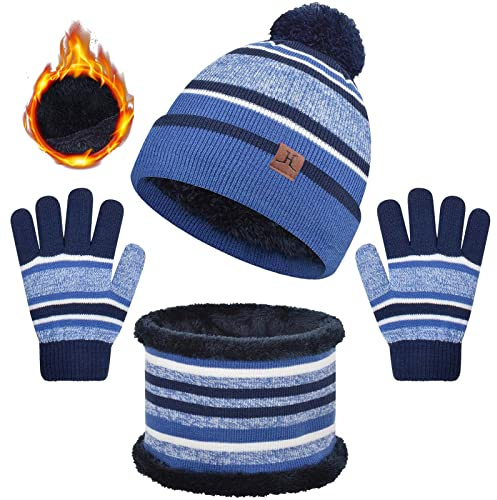 UMIPUBO Kids 3 in 1 Thermal Knit Hat, Scarf, Gloves Set - Winter Accessories with Double Layer Fleece Lining for Boys & Girls