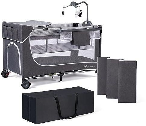 Kinderkraft LEODY Reisebett Baby mit Schlaffläche 120 x 60 cm, Mobile mit Melodien Lichtern und Spielsachen, Höhenverstellbar, schnelle Zusammenklappen, Luftzirkulation, Transporttasche, Grau