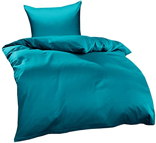 Bettwaesche-mit-Stil Mako Interlock Jersey Bettwäsche Garnitur Uni/enfarbig 100% Baumwolle 135x200 + 80x80, Petrol Blau