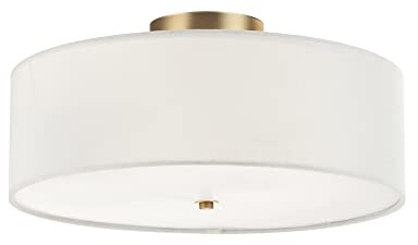 Globe Electric 2-Light Flush Mount Ceiling Light, Matte Brass Finish, White Linen Shade, E26 Base, Dimmable, Minimalist Home Lighting, 60998