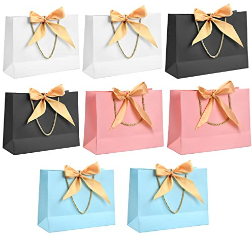 Pinsheng 8 Pièces Sac Cadeau Multicolore Sacs de fête en papier, sacs de cadeau avec poignées et ruban d'arc doré, sacs de faveur présents pour Anniversaire Naissance Noël Fête Mariage Pâques