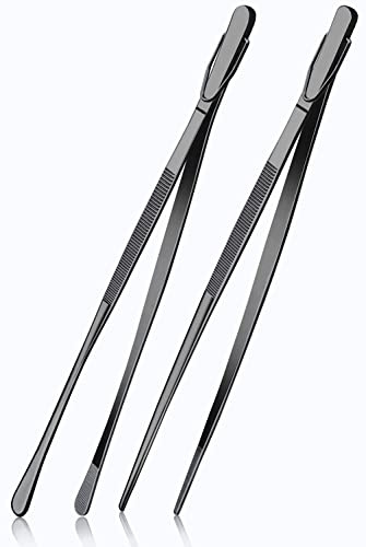 HINMAY 2 Pcs 12-Inch Cooking Tweezers, Stainless Steel, Straight, Professional Kitchen Tweezers for Cooking, Repairing and BBQ (Black)