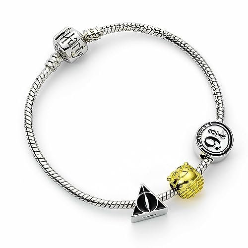Harry Potter The Carat Shop Pulsera con abalorios de plata con reliquias de la muerte, brillante oro y carril 9 3/4-17 cm