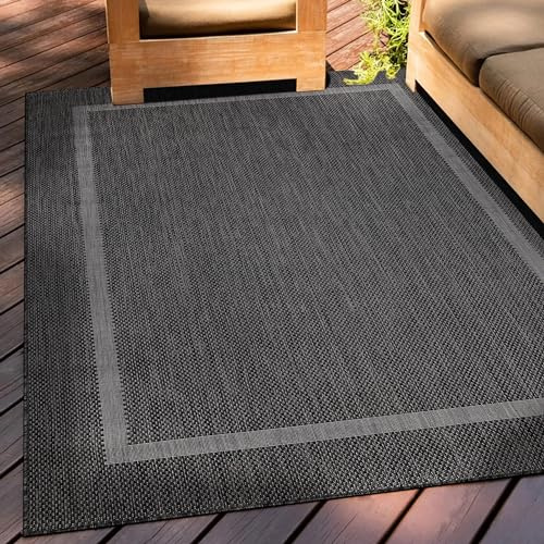 Teppium Outdoor Teppich Wetterfest 300x400 (280x370 cm) Schwarz Sisal Optik - Küchenteppich Waschbar rutschfest, Wasserfest, Bordüre, Pflegeleicht - Ideal für Balkon, Terassen, Garten, Camping, Küche