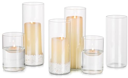 Glasseam Set di 6 Portacandele A Colonna, Portacandele Galleggianti per Candele Votive Tealigh, Portacandele in Vetro A Uragano per Centrotavola da Matrimonio, Vasi da Fiori per Decorazioni