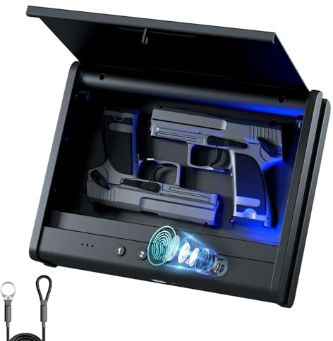 PINEWORLD Biometric Gun Safe for Handgun,3 Quick Access Pistol Safe With Fingerprint,Voice Navigation Gun Case with Interior Light&Type C Port&Mute Mode for Home,Nightstand,Car, Steel Cable Included