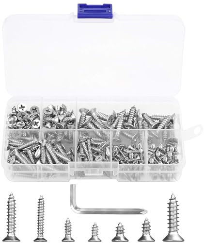 LUCKNIGHT Lot de 200 vis à tête plate en acier inoxydable M3 M4 M5 7 tailles Vis autotaraudeuses cruciformes à bois pour travaux manuels, réparation, travail du bois