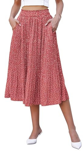 Hotouch Damen Plisseerock Lang Polka Dot Chiffon Rock Sommer Elastische Taille Midirock Fließenden Elegant Maxirock mit Taschen Ziegelrot Größe S
