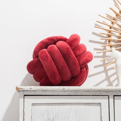 OUKEYI Knot Ball Pillow, Knotted Ball Throw Pillow Ultra Soft Companionship Decorative Hand-woven Knotted Ball Lamb Velvet Sofa Cushion, Knot Cushion, (wine red)