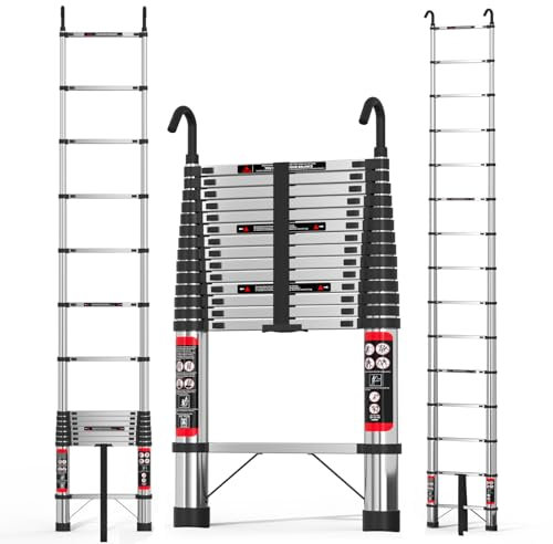 Escalera telescópica 4,4m/14,4FT, Escalera Extensible Ligera de Acero Inoxidable con 2 Ganchos y estabilizador,Pies Antideslizantes,Escaleras portátiles con una Carga máxima de 150 kg/330 LB