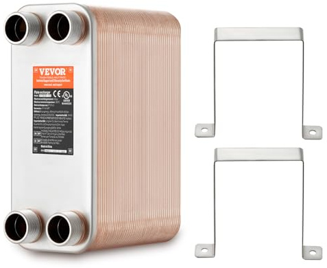 VEVOR Échangeur de chaleur à plaques brasées, 127x305 mm, échangeur thermique 80 plaques en cuivre/acier inoxydable 316L pour chauffage au sol, chauffage d'eau, fonte de neige, refroidissement bière