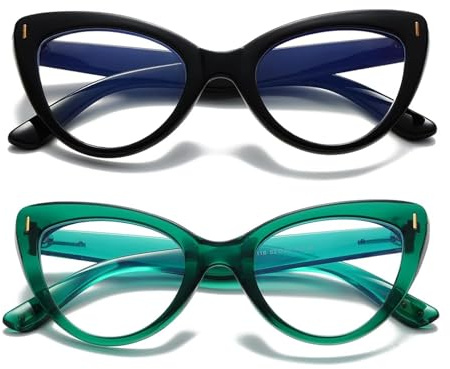 Hubeye 2 Pares Gafas anti luz azul de ojo de gato para mujer lectores de gran marco anteojos con funda de tela y cuerda de gafas