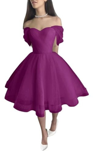 Robes de mariée courtes en tulle scintillant pour mariée à épaules dénudées Robes de mariée Manches bouffantes Robes de bal de fin d'année, violet, 38