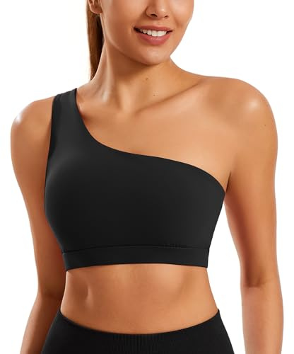 Smooth Sports Bras for Women One Shoulder Low Impact Asymmetrical Workout Tops Padded Yoga Bra, Black, M