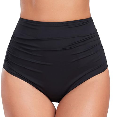 Deewrichy Women's High Waisted Bikini Bottoms Ruched Tummy Control Swim Briefs Swimwear Black,XL