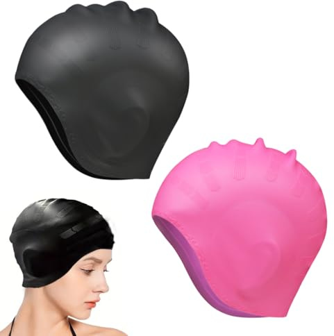 Tomedeks 2 Piece Ear Protection Swimming Cap (Black + Pink) Silicone Swim Cap Swimming Cap for Women Men, for Long/Short Hair with Waterproof Swimming Hats, Stretchable and Non-Slip Swim Cap
