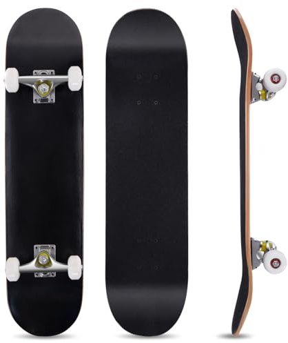 GYMAX Skateboard, 31 x 8 Inch Complete Skateboard with ABEC-7 Ball Bearings, 7-Layer Maple Wood Deck Double Kick Standard Skateboards for Kids Adult Beginners (Black)