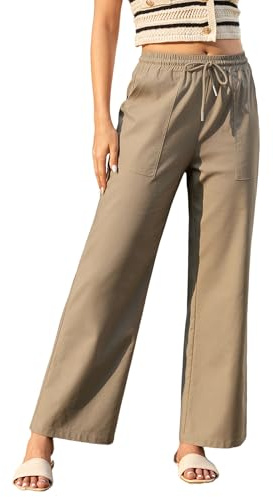 Enmain Pantalones Mujer Verano Algodón y Lino Cintura Alta Elasticos Pantalones Largos Ligeros Comodo con Bolsillos Adecuado para la Playa Viajar Pasear Caqui Oscuro 3XL